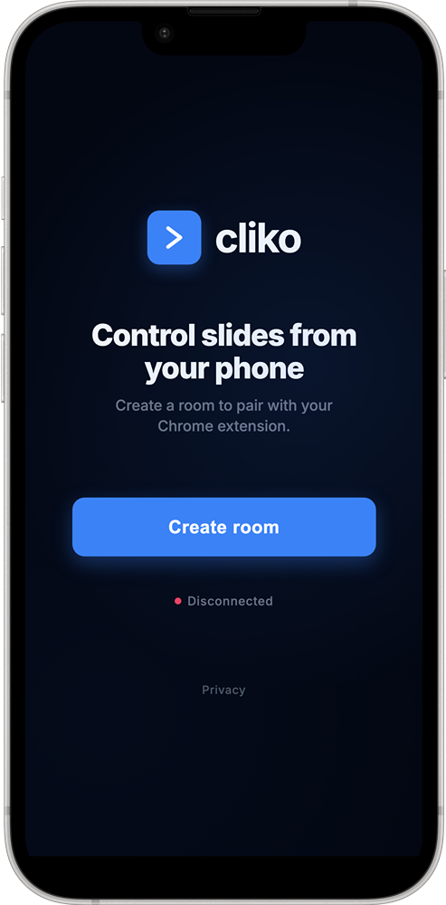 cliko Create room screen on a phone